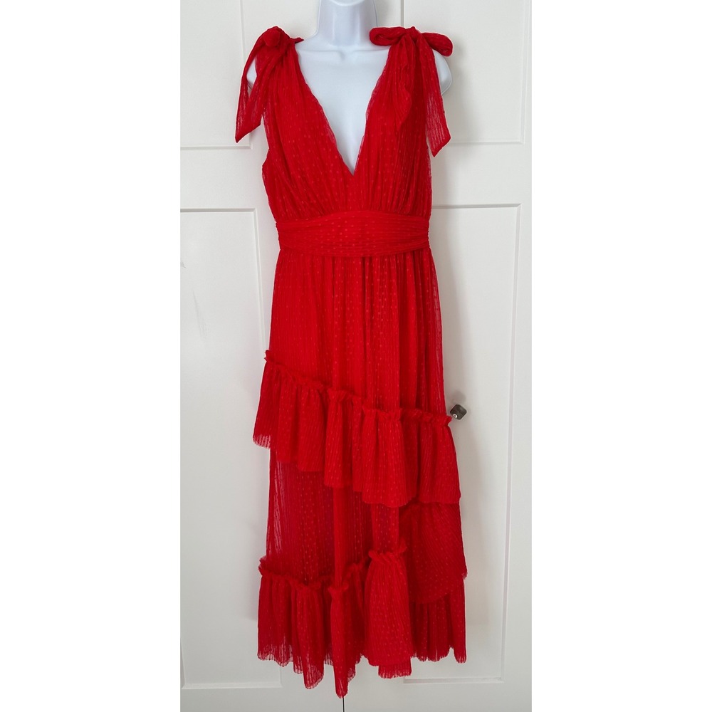 Vici Red Swiss Dot Tiered Maxi Dress Tie Shoulder Pleated V-Neck Large